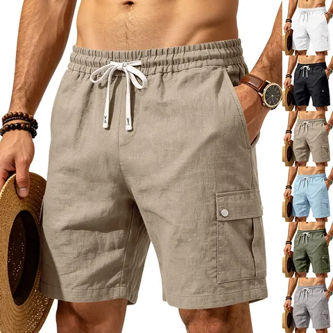 Herren Casual Baumwoll-Leinen-Mischung Shorts Lose Passform Sommer Outdoor Strand Mehrere Taschen Gerade Cargo Shorts