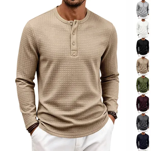 Men's Vintage Jacquard Henley Long Sleeve T-Shirt Casual Loose Fit Breathable Polyester Pullover Top For Outdoor Daily Wear
