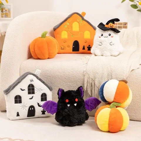 Jouet en Peluche Citrouille Fantôme d'Halloween Mignon Animal en Peluche Coussin Doux Décoration Cadeau