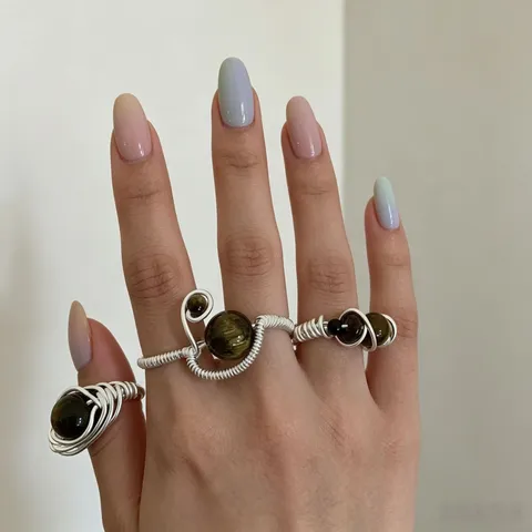Handmade Wire Wrapped Copper Alloy Tiger Eye Stone Ring For Women Multi Color Ceramic Beads Artificial Pearl Adjustable Open Index Finger Ring Boutique Jewelry