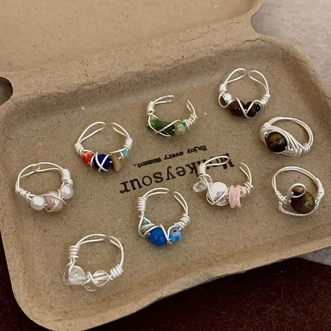 Handmade Wire Wrapped Copper Alloy Tiger Eye Stone Ring For Women Multi Color Ceramic Beads Artificial Pearl Adjustable Open Index Finger Ring Boutique Jewelry