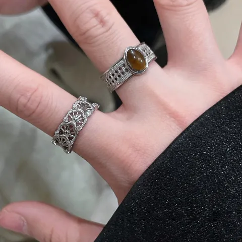 Vintage Minimalistische Legering Open Ringen Voor Dames Verzilverd Geborsteld Uitgehold Stapelbaar Imitatie Steen Ring