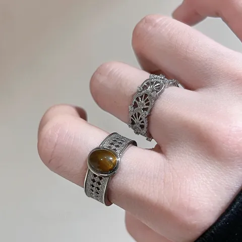 Vintage Minimalistische Legering Open Ringen Voor Dames Verzilverd Geborsteld Uitgehold Stapelbaar Imitatie Steen Ring