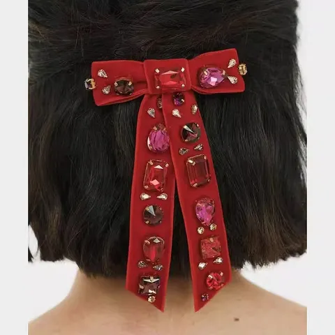 Broche Nœud en Tissu avec Strass et Perle Artificielle Pince à Cheveux Long Ruban en Velours pour Femme Mode Accessoire