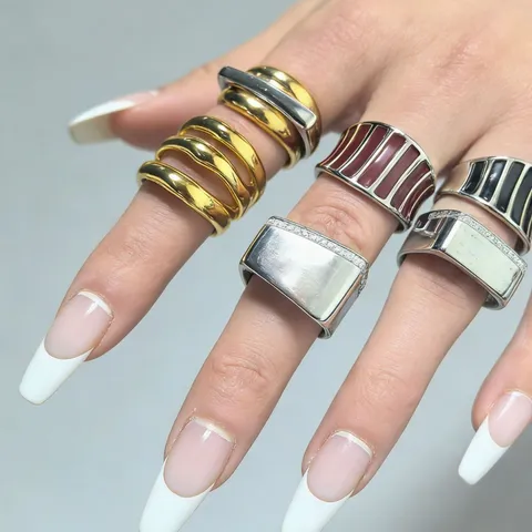 Minimalistische Koperen Emaille Open Ring Voor Vrouwen Gepersonaliseerde Gestreepte Brede Band Strass Verstelbare Vingerring Mode Sieraden