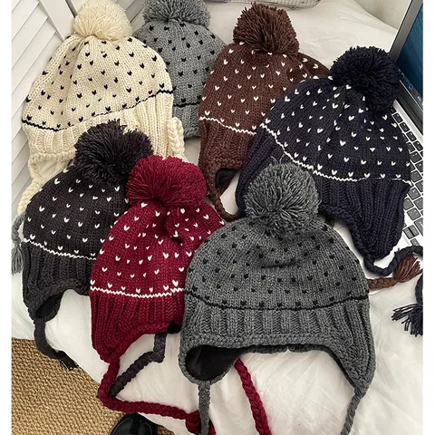 Korean Style Cute Pom Pom Beanie Hat Autumn Winter Thickened Warm Earflap Knit Hat With Heart Pattern For Women Girls