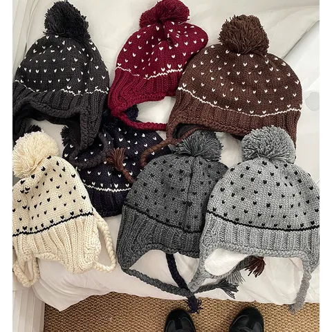 Korean Style Cute Pom Pom Beanie Hat Autumn Winter Thickened Warm Earflap Knit Hat With Heart Pattern For Women Girls