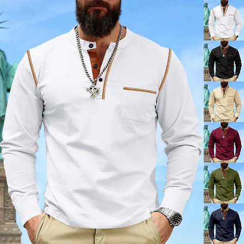 Amerikanisches Vintage Herren Langarm Henley T-Shirt Kontrastnähte Brusttasche Casual Outdoor Polyester Top