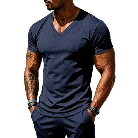 Men's Quick Dry Sports T-Shirt V-Neck Breathable Jacquard Mesh Gym Top Elastic Fitness Tee Summer Casual Top