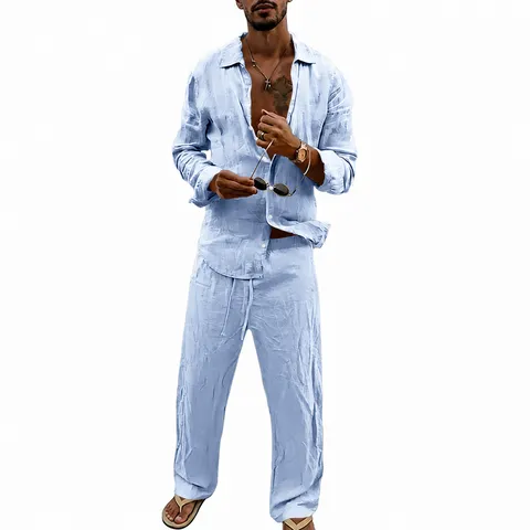 Men's Casual Linen Long Sleeve Shirt And Straight Pants Top And Bottom Set Loose Fit Solid Color Breathable Summer Outfit