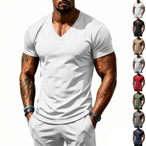 Men's Quick Dry Sports T-Shirt V-Neck Breathable Jacquard Mesh Gym Top Elastic Fitness Tee Summer Casual Top