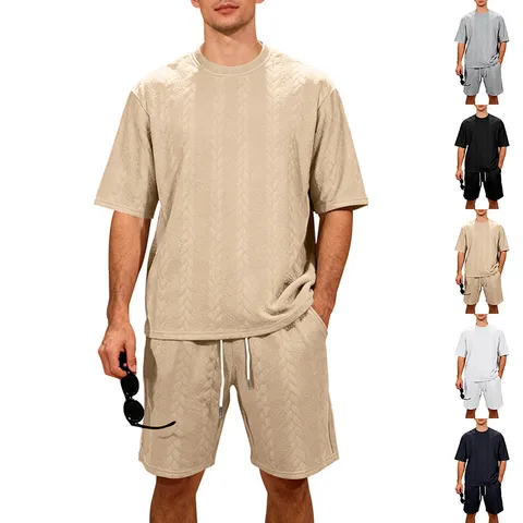 Men's Casual Jacquard Knit Short Sleeve Top And Shorts Set Loose Streetwear Summer Outfit