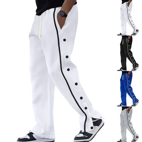 Pantalon de Sport pour Hommes avec Boutons-Pression Latéraux Jambe Droite Cordon de Serrage Coupe Ample Mélange de Coton