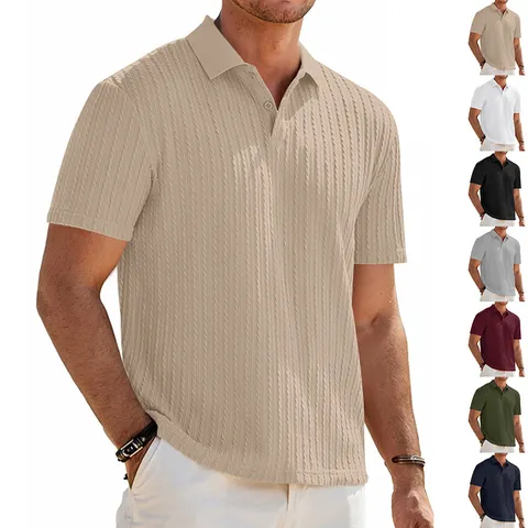 Men's Casual Loose Knit Jacquard Short Sleeve Polo Shirt Summer Solid Color Top