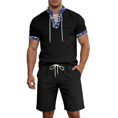 Herren Casual Kordsamt Henley T-Shirt Und Kordelzug Shorts Set Sommer Kurzarm Top Passendes Outfit