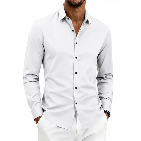 Camisa de Manga Larga Retro para Hombre Color Sólido Negocios Casual Solapa de Poliéster Spandex