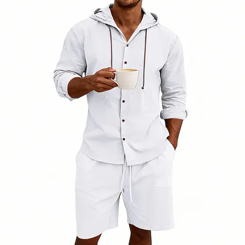 Men Casual Linen Blend Hooded Long Sleeve Shirt And Shorts Set Summer Beach Vacation Solid Color Apparel
