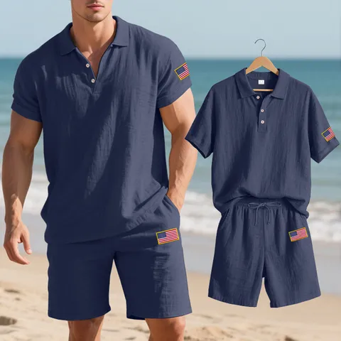 Men's Casual Linen Blend Polo Shirt And Shorts Set Summer Short Sleeve Beach Outfit With US Flag Embroidery