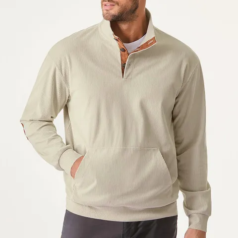 Men's Casual Stand Collar Corduroy Sweatshirt Long Sleeve Solid Color Half Button Pullover With Pocket
