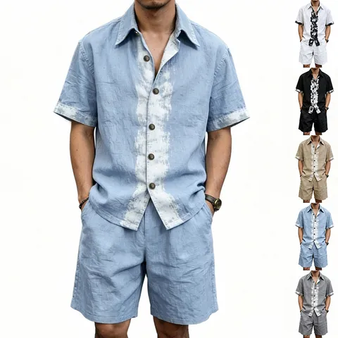 Men's Summer Casual Linen Two-Piece Set Short Sleeve Lapel Shirt And Shorts Top And Bottom Beach Vacation Outfit