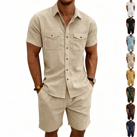 Herren Sommer Cord Kurzarm Hemd und Shorts Set Lässiges Cargo Outfit