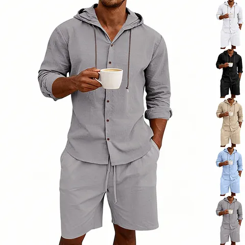 Men Casual Linen Blend Hooded Long Sleeve Shirt And Shorts Set Summer Beach Vacation Solid Color Apparel