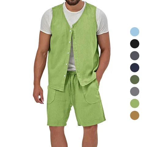 Men Casual Linen Blend Two Piece Outfit Sleeveless V Neck Vest And Shorts Summer Beach Vacation Matching Set