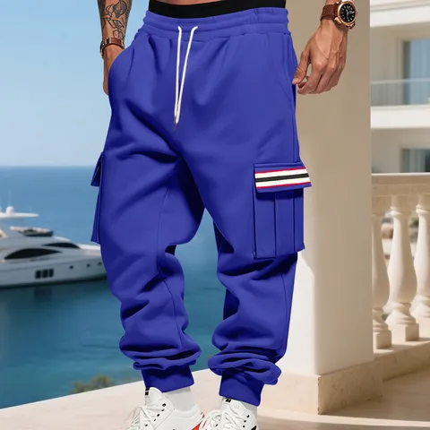 Herren Amerikanische Schwere Fleece Cargo Jogginghose High Street Casual Streetwear Jogger Mit Streifen Unten