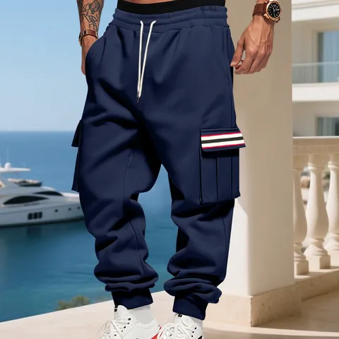 Herren Amerikanische Schwere Fleece Cargo Jogginghose High Street Casual Streetwear Jogger Mit Streifen Unten