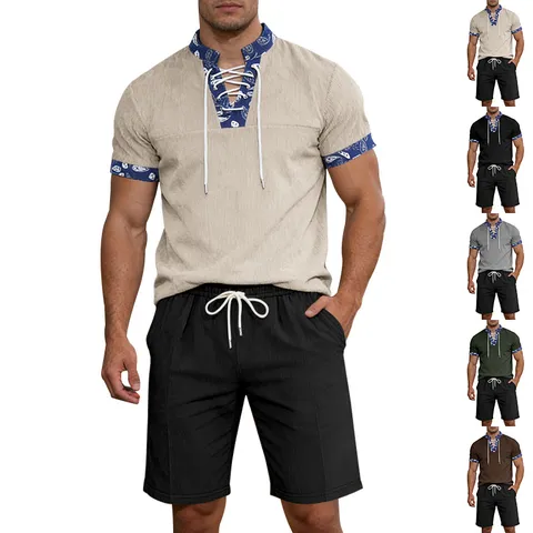 Herren Casual Kordsamt Henley T-Shirt Und Kordelzug Shorts Set Sommer Kurzarm Top Passendes Outfit