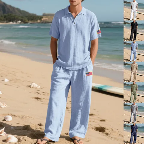 Casual Set Poukamiso kai Pantoloni apo Meigma Linou gia Andra Kalokairi Paralia Fardys Revers Top kai Kato