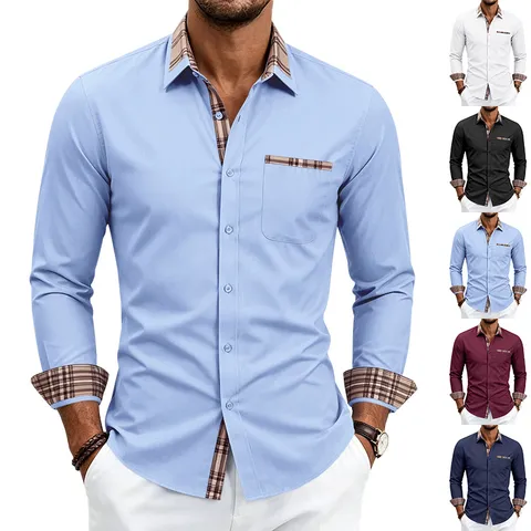 Men Business Casual Contrast Color Plaid Patchwork Top Breathable Stretchy Iron-Free Polyester Long Sleeve Shirt Smart Apparel