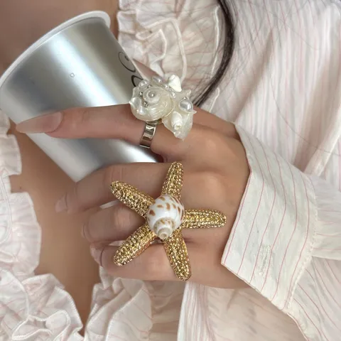 Boho Natürliche Muschel Seestern Künstliche Perle Ring Set Mode Verstellbare Fingerringe Für Damen Schmuck