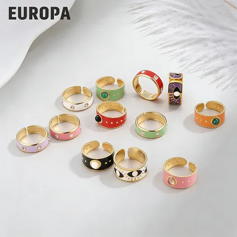 Vintage Edelstahl Emaille Offener Ring Vergoldet Strass Böser Blick Geometrisch Verstellbar Band Mode Ring Für Damen Schmuck Geschenk
