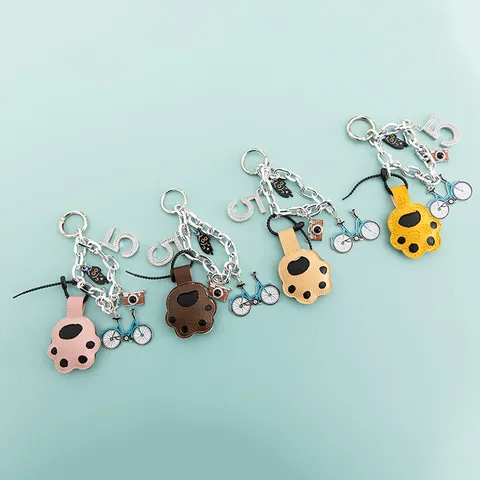 Cute Cartoon Cat Claw Keychain Bag Charm PU Leather Rhinestone Alloy Pendant For Women Gift Bicycle Camera Kitty Key Ring