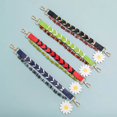 Fashion Woven PU Leather Bag Strap Replacement With Daisy Flower Charm Beaded Handbag Handle Extension Belt For Women Purse Accessories