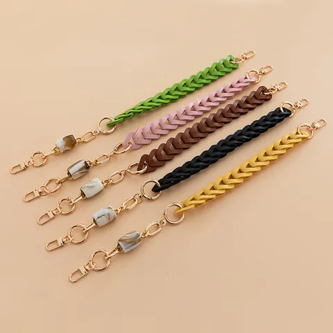 Sangle de Sac en Cuir PU Tissé pour Femmes Chaîne de Téléphone Multifonctionnelle Avec Perles en Résine Marbrée Mousqueton en Métal Remplacement Court