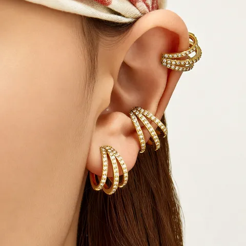 Trendy Cool Stainless Steel 3-Layer Spiral Ear Clip For Women Gold Silver Plated Zirconia Ear Bone Cuff Minimalist Jewelry