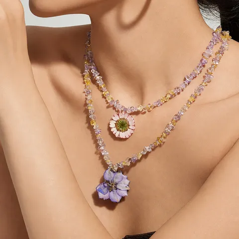 Halskette Aus Natürlichem Kristallstein Edelstahl Vergoldet Harz Blume Anhänger Damen Mode Urlaub Schmuck Halsketten