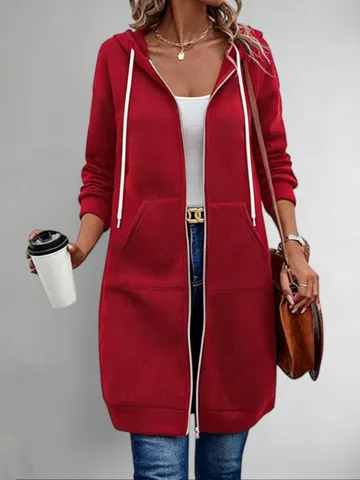 Women Retro Casual Long Hooded Sweatshirt Solid Color Loose Zip Up Drawstring Jacket Coat With Pockets Everyday Commuter Top