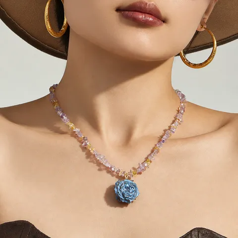 Resin Rose Blume Anhänger Halskette Natürliche Kristallsplinter 18K Vergoldet Edelstahl Kette Schmuck Für Damen Urlaub