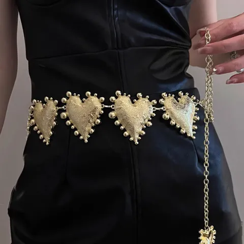 Vintage Heart Metal Waist Chain For Women Gold Silver Plated Elegant Heart-Shaped Link Belt Accessory For Dresses Suits