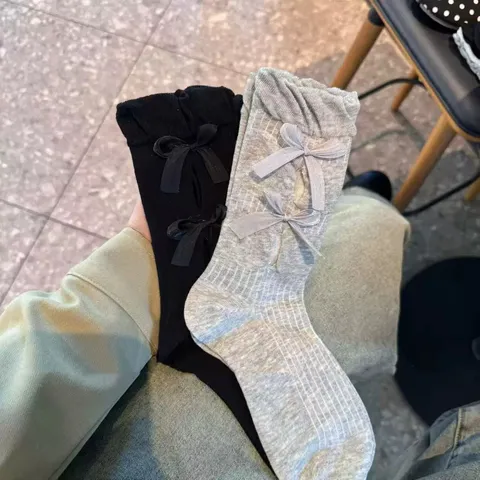 Damen Süße Schleife Ausgehöhlt Strick Slouch Socken Lässig Täglich Atmungsaktiv Weich Baumwollmischung Mode Mid-Tube Socken