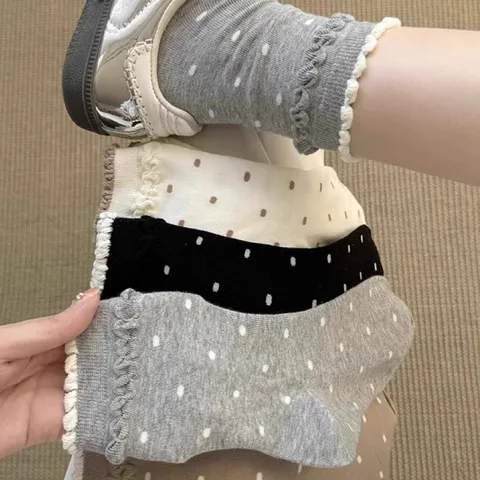 Damen Süß Japanisch Retro Punkte Wadenlange Socken Süß Spitzenbesatz Lässig Baumwollmischung Herbst Winter Lange Strümpfe