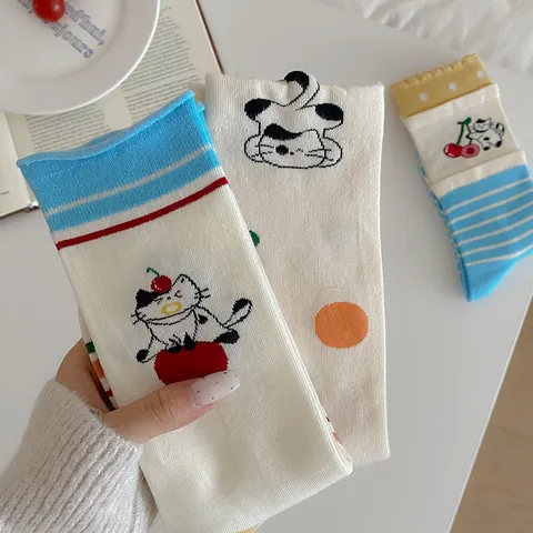Damen Süße Cartoon Katze Gestreifte Pünktchen Baumwolle Mittelhohe Socken Lässige Bequeme Atmungsaktive Socken