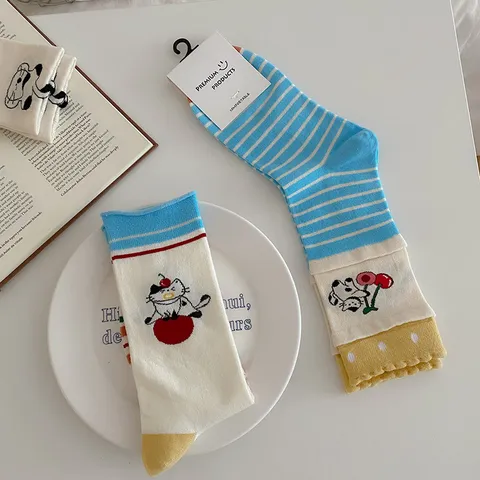 Damen Süße Cartoon Katze Gestreifte Pünktchen Baumwolle Mittelhohe Socken Lässige Bequeme Atmungsaktive Socken