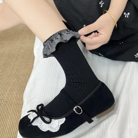Damen Japanisch Lolita Rüschen Schleife Mittelhohe Socken Süß Baumwolle Lässig Mode Strumpfwaren