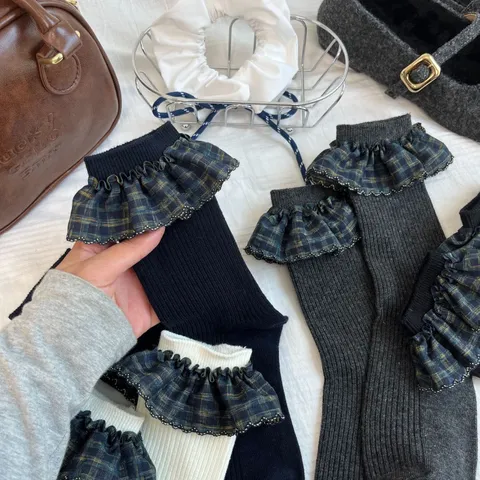 Damen Süß Ballett Stil Slouch Socken Doppel Nadel Karo Spitzenbesatz Mittlerer Schaft Baumwolle Socken Lässig Tägliche Schuhzubehör