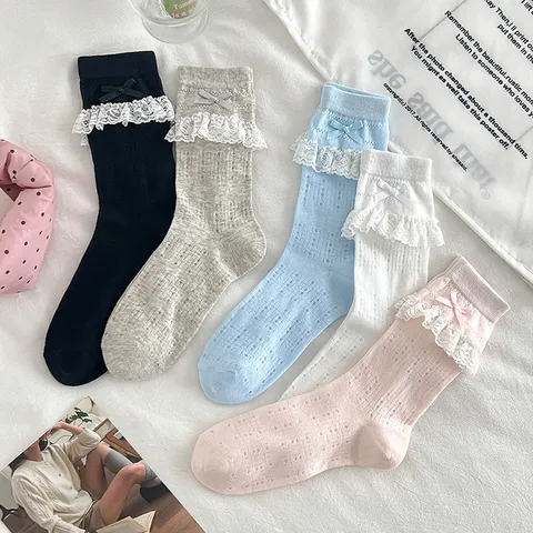 Damen Süß JK Spitzenbesatz Schleife Mesh Dünne Wadenhohe Socken Süße Rüsche Ballet Casual Baumwollmischung Socken