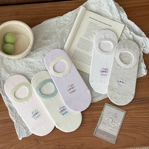 Japanischer Stil Süße Katzenstickerei Schleife Low Cut Bootssocken Damen Sommer Dünne Atmungsaktive Baumwolle No Show Socken Ins Stil